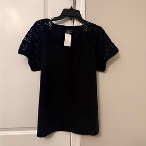 Charter Club Black Crochet Yoke Short-Sleeve Top